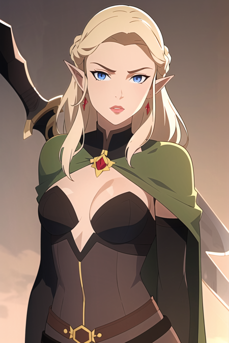 3978522349-420976072-vox machina style,1girl, arm behind back, armor, belt, between breasts, blonde hair, blue eyes, breasts, brooch, brown cape, cap.png